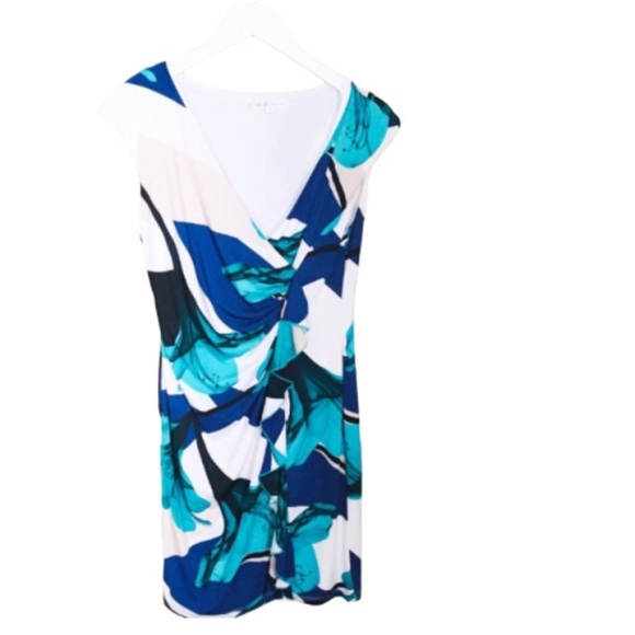 CLEO PETITES Floral Flutter Trim Dress With V Cut & Cap Sleeves Teal/Blue Small - Picture 3 of 9